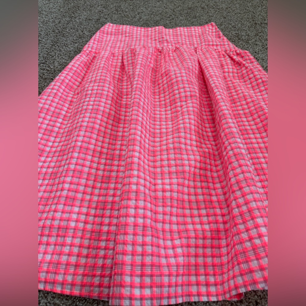 NWT Top Shop Seersucker Bright Pink Gingham Neon Maxi Skirt Sze 10 Drop Waist - Picture 7 of 8